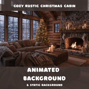 Op de afbeelding: Een digitale interieurscène met een rustieke kersthut met een stenen open haard, een verlichte kerstboom en een bank met dekens. De tekst COZY RUSTIC CHRISTMAS CABIN en ANIMATED BACKGROUND & STATIC BACKGROUND wordt weergegeven.