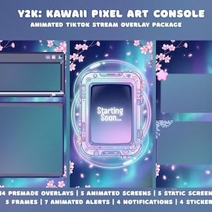Pode incluir: Um pacote de arte digital com tema Y2K e Kawaii. O design inclui telas animadas, sobreposi&ccedil;&otilde;es, molduras, alertas, notifica&ccedil;&otilde;es e adesivos. A paleta de cores &eacute; principalmente azul, rosa e branco, com elementos de pixel art e detalhes de flor de cerejeira.