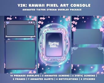 Blue Kawaii Y2K TikTok Stream Overlay Package Cute Pastel Pink Pixel Animated Vertical Retro Gaming Live Stream Mobile TikTok Live Studio
