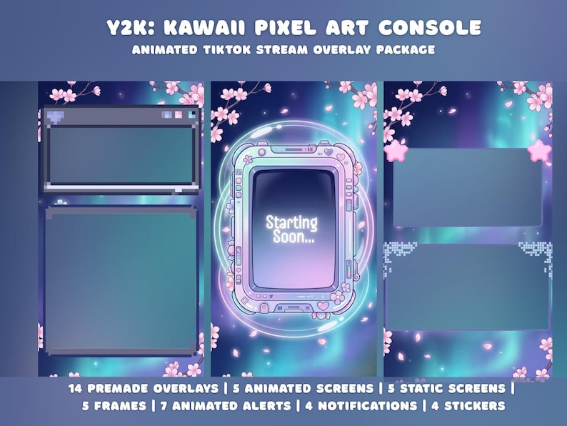 Pode incluir: Um pacote de arte digital com tema Y2K e Kawaii. O design inclui telas animadas, sobreposi&ccedil;&otilde;es, molduras, alertas, notifica&ccedil;&otilde;es e adesivos. A paleta de cores &eacute; principalmente azul, rosa e branco, com elementos de pixel art e detalhes de flor de cerejeira.