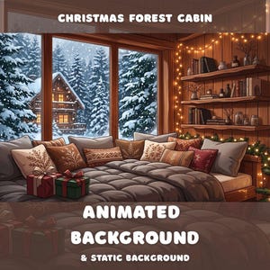 May include: A cosy bedroom scene featuring a bed with multiple pillows, two wrapped gift boxes, and a Christmas tree with lights. The room has wooden walls, shelves with books, and a large window showing a snowy forest and a cabin at night.