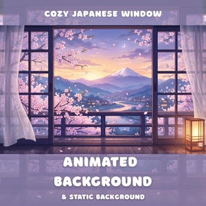 Könnte beinhalten: Eine digitale Illustration eines Fensterblicks mit einem Berg, einem Fluss und Kirschblütenbäumen. Der Text COZY JAPANESE WINDOW, ANIMATED BACKGROUND und & STATIC BACKGROUND ist sichtbar. Die Szene enthält halbtransparente Vorhänge und eine Lampe.