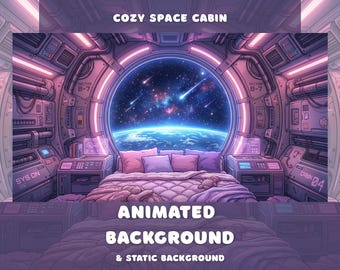Może przedstawiać: Cyfrowa ilustracja wnętrza kabiny kosmicznej z łóżkiem, poduszkami i dużym oknem z widokiem na Ziemię i kosmos. Zawiera tekst "COZY SPACE CABIN" i "ANIMATED BACKGROUND & STATIC BACKGROUND". Schemat kolorów to fioletowy i różowy.