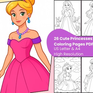 Princess Coloring Book – 26 Pages Printable Cute Princesses for Kids | Coloring Bundle | Instant Download PDF – Intro Price – Limited Time!