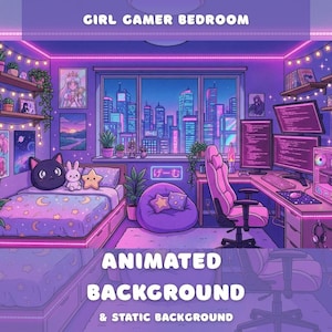 Puede incluir: Ilustración animada de un dormitorio de gamer, con cama, ordenador y vista de la ciudad. La habitación está decorada en tonos morados y rosas, con el texto "GIRL GAMER BEDROOM" y "ANIMATED BACKGROUND & STATIC BACKGROUND".