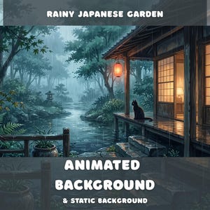 Peut inclure: Une illustration numérique intitulée RAINY JAPANESE GARDEN montrant un chat noir assis sur la véranda en bois d'une maison traditionnelle surplombant un étang sous la pluie. La scène comprend une lanterne orange et des arbres verts.