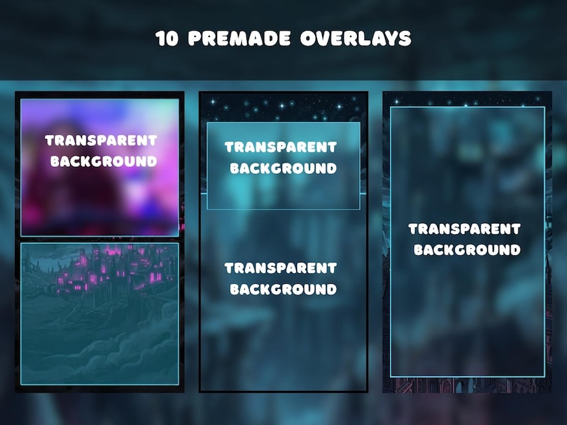 May include: Digital art overlays with transparent backgrounds. The image displays three sets of overlays, each with a different design. The text "10 PREMADE OVERLAYS" is at the top. Each overlay has the text "TRANSPARENT BACKGROUND".