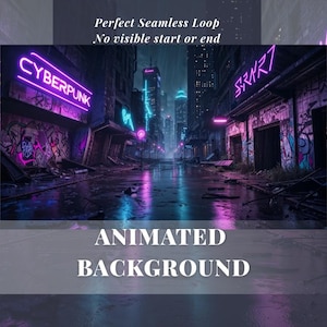 Puede incluir: Imagen de fondo animada de una calle de ciudad cyberpunk por la noche. Los letreros de neón dicen "CYBERPUNK" y "SRART". La calle mojada refleja las luces de neón en tonos morados y azules. El arte de graffiti decora los edificios.