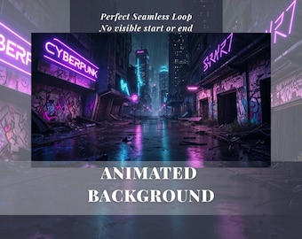 May include: An animated background image of a cyberpunk city street at night. Neon signs read "CYBERPUNK" and "SRART". The street is wet, reflecting the neon lights in shades of purple and blue. Graffiti art decorates the buildings.