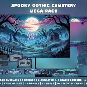 Spooky Cemetery Twitch Overlay Pack Pastel Gothic Stream Package Overlays Goth Crow Halloween Animated Screens Panels Stinger Sub Badges OBS