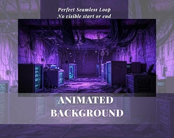 May include: An animated background image of a server room bathed in purple light. The scene features rows of servers, cables, and the text "Perfect Seamless Loop" and "Animated Background".