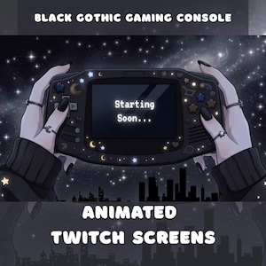 May include: A black handheld gaming console featuring a screen that displays the text Starting Soon. The console is decorated with small star, moon, and heart icons. The background shows a dark starry night sky above a silhouette of a city skyline.