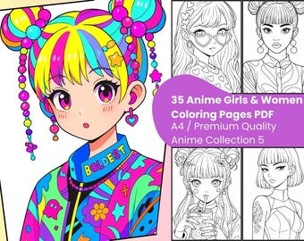 Paquete de páginas para colorear de anime y moda: 35 dibujos lineales A4 imprimibles, chicas lindas y elegantes, libro para colorear estilo manga para adolescentes y adultos.