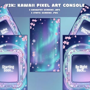 Pode incluir: Arte digital com uma consola de pixel art kawaii com tema Y2K com ecr&atilde;s animados e est&aacute;ticos. Os ecr&atilde;s exibem mensagens como "Starting Soon...", "Be Right Back...", "Ending Soon..." e "Currently Offline..." contra um fundo de aurora boreal e flores de cerejeira.