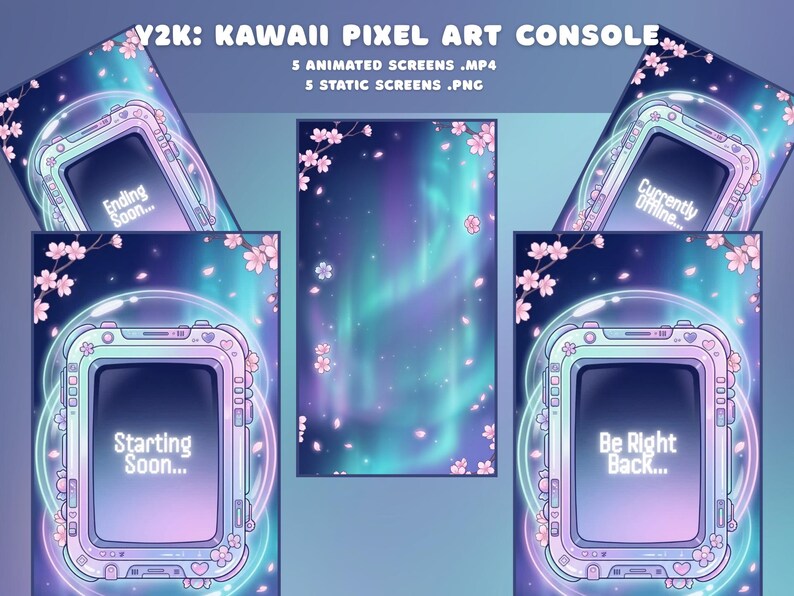 Pode incluir: Arte digital com uma consola de pixel art kawaii com tema Y2K com ecr&atilde;s animados e est&aacute;ticos. Os ecr&atilde;s exibem mensagens como "Starting Soon...", "Be Right Back...", "Ending Soon..." e "Currently Offline..." contra um fundo de aurora boreal e flores de cerejeira.