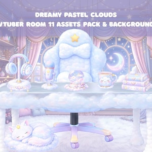 Nubes pastel de ensueño: paquete de recursos y fondo para sala de VTuber, kit de transmisión en azul kawaii, accesorios para VTuber, juego de superposición 2D, silla de juego, escritorio, micrófono.