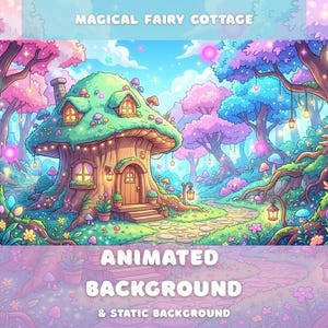 Magical Fairy Cottage Animated Background Enchanted Mushroom Forest Vtuber Overlay Twitch Stream Zoom Pastel Spring Desktop Wallpaper