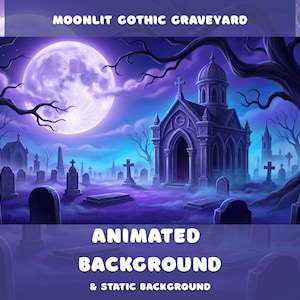 Peut inclure: Une illustration numérique intitulée MOONLIT GOTHIC GRAVEYARD, ANIMATED BACKGROUND & STATIC BACKGROUND. La scène montre une grande pleine lune, un mausolée en pierre et diverses pierres tombales sous un ciel violet avec des arbres sombres.