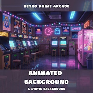 Puede incluir: Ilustración de una sala de juegos retro anime con luces de neón y máquinas recreativas. La imagen presenta el texto "Retro Anime Arcade", "Animated Background" y "Static Background". La sala de juegos está decorada con carteles y letreros de neón.
