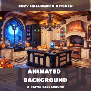 May include: A kitchen interior featuring a black central island, white cabinetry, and a large arched window showing a full moon. The space is decorated with glowing jack-o'-lanterns, a black chandelier with pumpkin accents, and colorful potion bottles.