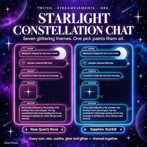 Peut inclure: Un graphique de superposition de chat numérique intitulé Starlight Constellation Chat présentant deux panneaux verticaux avec une lueur néon violette et bleue. Chaque panneau affiche des exemples de messages avec des icônes d'étoiles et du texte.