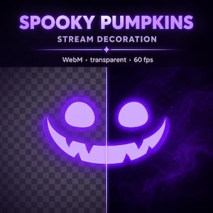 May include: A digital graphic titled SPOOKY PUMPKINS STREAM DECORATION featuring a glowing purple jack-o'-lantern face with two round eyes and a wide, jagged, toothy grin. The text WebM, transparent, 60 fps is displayed below the title.