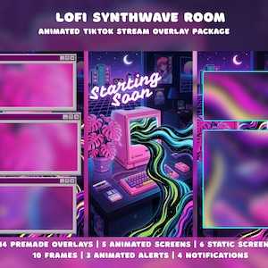 May include: A digital art package with a retro synthwave theme. The image features a computer, screens, and the words "Starting Soon." The package includes premade overlays, animated screens, static screens, frames, alerts, and notifications. The color palette includes pink, purple, and blue.