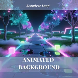 May include: An animated background with a futuristic landscape. The scene features a path lined with trees and glowing lights in shades of pink, blue, and green. The text "Seamless Loop" and "Animated Background" are visible.