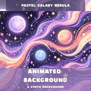 May include: A digital illustration of a pastel galaxy nebula with swirling colors of purple, pink, and yellow. The image features three moons, stars, and the text "PASTEL GALAXY NEBULA" and "ANIMATED BACKGROUND & STATIC BACKGROUND".
