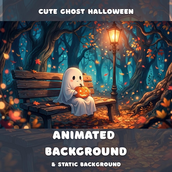 Cute Ghost Halloween Animated Background Autumn Fall Forest Vtuber Background Twitch Overlay Cozy Spooky Stream Scene Kawaii Anime Wallpaper