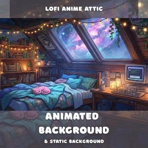 Può includere: Illustrazione animata di un'accogliente camera da letto mansardata con letto, librerie e computer. La finestra rivela un vivace cielo notturno. Il testo "LOFI ANIME ATTIC" e "ANIMATED BACKGROUND & STATIC BACKGROUND" sono visualizzati.