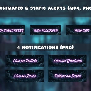 May include: A digital graphic featuring animated and static alerts and notifications for streaming platforms. The alerts include "New Subscriber," "New Follower," and "New Gift." Notifications include "Live on Twitch," "Live on Youtube," "Live on Insta," and "Follow on Insta."