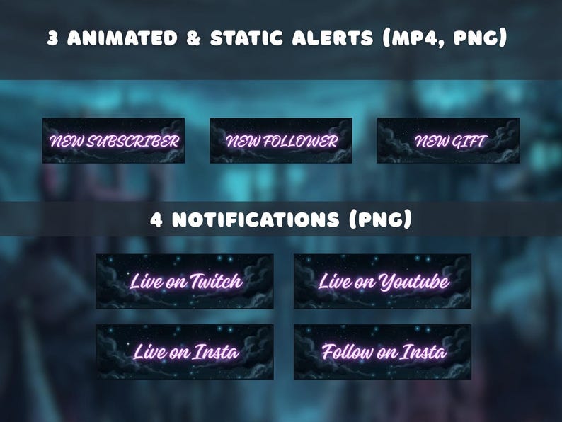 May include: A digital graphic featuring animated and static alerts and notifications for streaming platforms. The alerts include "New Subscriber," "New Follower," and "New Gift." Notifications include "Live on Twitch," "Live on Youtube," "Live on Insta," and "Follow on Insta."