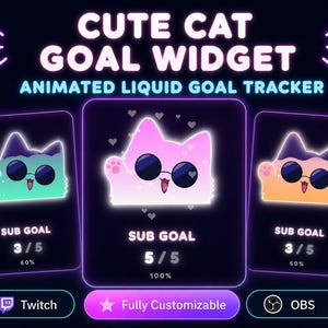 May include: A digital graphic titled CUTE CAT GOAL WIDGET ANIMATED LIQUID GOAL TRACKER featuring three cat-shaped containers with sunglasses. Each displays SUB GOAL text, numerical progress, and percentage values. Includes Twitch and OBS icons.