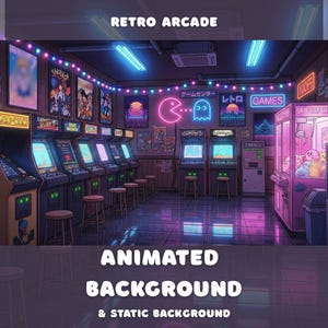 May include: A digital illustration of a retro arcade interior featuring rows of arcade cabinets, neon signs including a pink Pac-Man and blue ghost, and a UFO catcher machine. The scene is illuminated by purple and blue ambient lighting.