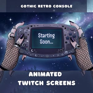 May include: A dark gray handheld gaming console featuring celestial and skull icons, with a screen displaying the text Starting Soon. The console is held by hands wearing fishnet sleeves and silver rings against a starry purple galaxy background.