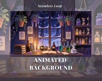 Cozy Dark Academia Witchy Room Animated Background Gothic Winter Overlay Lofi Window Snow for Stream Twitch Zoom Vtuber Desktop Wallpaper