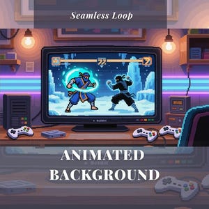 May include: Pixel art animated background showing a video game scene with two ninjas battling in a snowy environment. The text "Seamless Loop" and "Animated Background" are displayed.