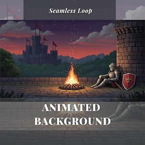 Könnte beinhalten: Animierter Hintergrund mit einer mittelalterlichen Szene. Ein Ritter in Rüstung sitzt an einem Lagerfeuer, mit einer Burg in der Ferne unter einem Sonnenuntergangshimmel. Die Worte "Seamless Loop" und "Animated Background" werden angezeigt.
