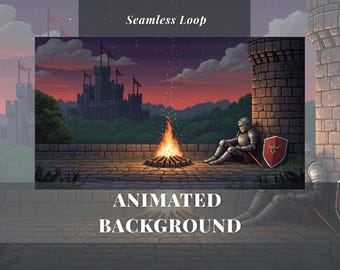 Medieval Knight Campfire Animated Background, Pixel Art Fire Loop, Castle Night Scene,  Vintage Video Games Stream Twitch Vtuber Desktop