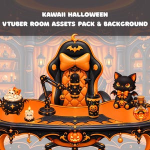 Könnte beinhalten: Eine digitale Illustration mit dem Titel KAWAII HALLOWEEN VTUBER ROOM ASSETS PACK & BACKGROUND, die einen orange-schwarzen Gaming-Stuhl, einen Schreibtisch mit Mikrofon, eine schwarze Katzenfigur, einen Kürbisbecher und einen Kessel mit Geist zeigt.