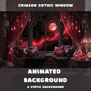 Dark Witchy Window Animated Background Cozy Vtuber Room Gothic Crimson Red Night Sky Stars Stream Overlay Twitch Zoom Desktop Wallpaper