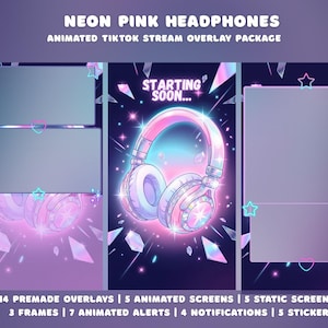 May include: A digital art package featuring neon pink headphones and the text "NEON PINK HEADPHONES". The package includes premade overlays, animated screens, static screens, frames, animated alerts, notifications, and stickers for streaming.