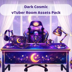 Puede incluir: Ilustración digital de un paquete de activos de sala vTuber Dark Cosmic. La escena presenta un escritorio con una computadora portátil, auriculares, un micrófono y una lámpara, todos con un tema celestial. Una silla morada y macetas decorativas completan la escena.