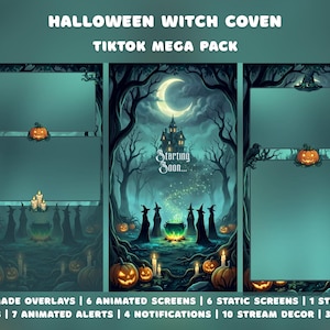 May include: A digital Halloween witch coven TikTok mega pack featuring overlays, screens, and panels. The graphics display a dark forest, a crescent moon, a haunted house, witches around a glowing green cauldron, and jack-o'-lanterns in teal tones.