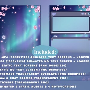 Pode incluir: Conjunto de sobreposi&ccedil;&atilde;o de streaming digital com um tema de aurora boreal azul e verde-azulado, acentuado com flores de cerejeira rosa. Inclui telas de texto animadas e est&aacute;ticas, sobreposi&ccedil;&otilde;es e alertas. O texto na imagem diz "Included: 4 x MP4 (1080x1920) Animated Text Screens - Looped..."