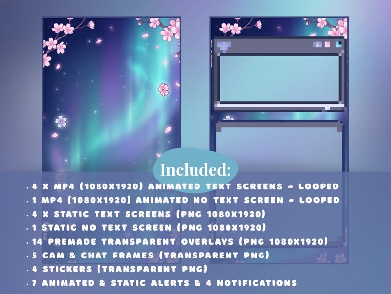 Pode incluir: Conjunto de sobreposi&ccedil;&atilde;o de streaming digital com um tema de aurora boreal azul e verde-azulado, acentuado com flores de cerejeira rosa. Inclui telas de texto animadas e est&aacute;ticas, sobreposi&ccedil;&otilde;es e alertas. O texto na imagem diz "Included: 4 x MP4 (1080x1920) Animated Text Screens - Looped..."