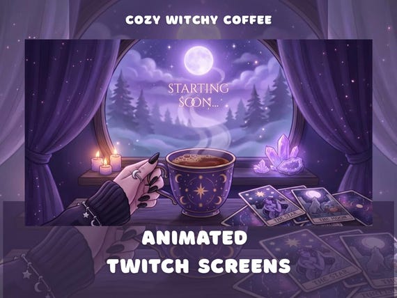 Cozy Witchy Coffee Animated Twitch Screens Pack Purple Witch Night Window Tarot Stream Animated Overlays Pack Gothic Dark Starting Soon