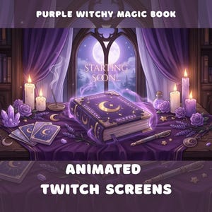 Könnte beinhalten: Eine digitale Illustration eines violetten Buches mit einem goldenen Mond- und Sternemblem auf einem Tisch. Die Szene enthält brennende Kerzen, Tarotkarten, Kristalle und Lavendel. Der Text STARTING SOON ist in der Mitte des Bildes zu sehen.