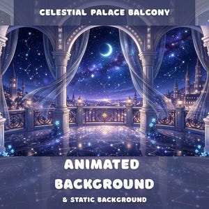Peut inclure: Illustration numérique d'un balcon de palais céleste la nuit. Le ciel étoilé, un croissant de lune et une ligne d'horizon urbaine sont visibles. Colonnes ornées et texte "CELESTIAL PALACE BALCONY" et "ANIMATED BACKGROUND & STATIC BACKGROUND" complètent la scène.